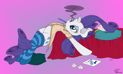 Size: 1658x1000 | Tagged: safe, artist:anime-apothecary, artist:dfectivedvice, rarity, pony, unicorn, g4, belly button, clothes, colored, female, mare, pencil, shirt, socks, solo, striped socks