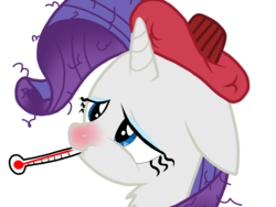Size: 2048x1536 | Tagged: safe, artist:proponypal, rarity, g4, backwards thermometer, bust, chest fluff, female, floppy ears, flu, ice pack, messy mane, portrait, red nosed, scrunchy face, sick, simple background, solo, thermometer, transparent background