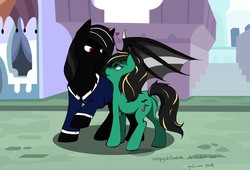 Size: 2289x1554 | Tagged: safe, artist:crispych0colate, artist:roxy oceansong, oc, oc only, oc:roxy oceansong, oc:shadow storm, dracony, earth pony, pony, galacon, couple