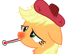 Size: 2048x1536 | Tagged: safe, artist:proponypal, applejack, g4, backwards thermometer, bust, chest fluff, cold, female, floppy ears, flu, ice pack, messy mane, nose wrinkle, portrait, red nosed, scrunchy face, sick, simple background, solo, thermometer, transparent background