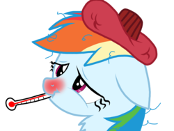 Size: 2048x1536 | Tagged: safe, artist:proponypal, rainbow dash, pony, g4, backwards thermometer, bust, chest fluff, female, floppy ears, flu, ice pack, messy mane, pale, portrait, red nosed, scrunchy face, sick, simple background, solo, thermometer, transparent background