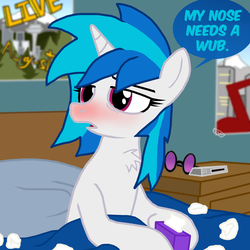 Size: 3000x3000 | Tagged: safe, artist:masterxtreme, dj pon-3, vinyl scratch, g4, bed, bedroom eyes, chest fluff, cute, dialogue, dj pone, flu, high res, lidded eyes, open mouth, red nosed, seaddle, sick, tissue, tissue box, vinylbetes, wub