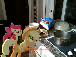 Size: 2048x1536 | Tagged: safe, artist:connorsparda, artist:krazoa157, artist:sakatagintoki117, apple bloom, applejack, g4, cooking, irl, kitchen, oatmeal, photo, ponies in real life, pot, stove, vector