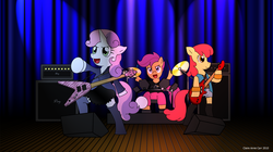 Size: 3448x1932 | Tagged: safe, artist:claireannecarr, apple bloom, scootaloo, sweetie belle, earth pony, pony, g4, band, bass guitar, bipedal, concert, cutie mark crusaders, drums, electric guitar, guitar, musical instrument, rock (music), stage