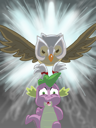 Size: 840x1120 | Tagged: safe, artist:bibliodragon, owlowiscious, spike, g4, chase, running