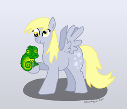 Size: 838x720 | Tagged: safe, artist:bibliodragon, derpy hooves, chameleon, pegasus, pony, g4, derp, female, mare, pet