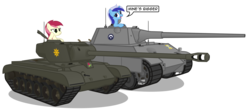 Size: 10000x4450 | Tagged: safe, artist:mrlolcats17, minuette, roseluck, earth pony, pony, unicorn, g4, absurd resolution, cutie mark on vehicle, female, hooves, horn, m26 pershing, mare, open mouth, panther (tank), panther ii, simple background, tank (vehicle), transparent background