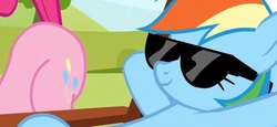 Size: 584x268 | Tagged: safe, screencap, pinkie pie, rainbow dash, pony, g4, too many pinkie pies, balloonbutt, beach chair, chair, dat ass, female, mare, out of context, raised tail, sunbathing, sunglasses, tail