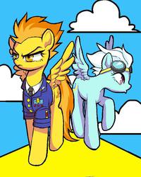 Size: 600x750 | Tagged: dead source, safe, artist:semi-kon, fleetfoot, spitfire, pegasus, pony, g4, angry, clothes, frown, goggles, necktie, raised hoof, shirt, spread wings, uniform, wonderbolts dress uniform