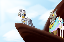 Size: 1024x666 | Tagged: safe, artist:hikariviny, discord, princess celestia, zecora, oc, oc:chaotic, hybrid, zebra, g4, crossover, crown, female, interspecies offspring, jewelry, king discord, male, offspring, parent:discord, parent:princess celestia, parents:dislestia, queen celestia, reference to another series, regalia, ship:dislestia, shipping, straight, the lion king