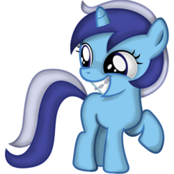Size: 1000x1000 | Tagged: safe, artist:j3ryckz, minuette, pony, unicorn, g4, braces, female, filly, filly minuette, grin, raised hoof, smiling, solo
