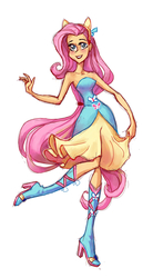 Size: 2529x4311 | Tagged: safe, artist:holivi, fluttershy, equestria girls, g4, clothes, dress, female, high heels, skinny, solo, strapless, thin