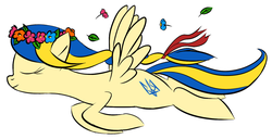 Size: 1435x736 | Tagged: safe, artist:jh, oc, oc only, oc:ukraine, pegasus, pony, eyes closed, female, floral head wreath, flower, flying, mare, nation ponies, simple background, solo, ukraine, white background, wreath