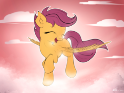 Size: 4000x3000 | Tagged: safe, artist:neko-me, scootaloo, pegasus, pony, absurd resolution, blank flank, cloud, cute, cutealoo, eyes closed, female, filly, flying, foal, happy, pink sky, scootaloo can fly, signature, sky, solo, spread wings, wings