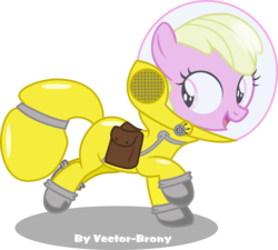 Size: 3037x2729 | Tagged: safe, artist:vector-brony, oc, oc only, oc:puppysmiles, earth pony, pony, fallout equestria, fallout equestria: pink eyes, fallout, fanfic, fanfic art, female, filly, foal, hazmat suit, high res, hooves, looking back, open mouth, saddle bag, simple background, smiling, solo, transparent background