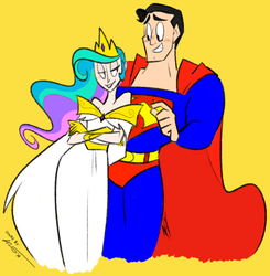 Size: 756x772 | Tagged: safe, artist:egophiliac, artist:flanaganisking, princess celestia, human, g4, bedroom eyes, blushing, crossover, crossover shipping, dc comics, eyestrain warning, grin, humanized, male, needs more saturation, supelestia, superman, the crack otp to end all crack otps