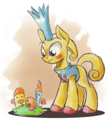 Size: 1279x1453 | Tagged: safe, artist:ruhisu, pony, creator, crown, gift art, king, male, model kit, ottoborg, ponified, smiling, solo, stallion, standing, the neverhood