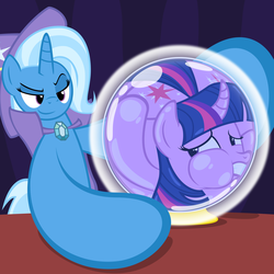 Size: 2500x2500 | Tagged: safe, artist:navitaserussirus, trixie, twilight sparkle, pony, unicorn, g4, aladdin, crushed, crystal ball, evil, femsub, gypsy magic, hat, high res, romani, squish, squished, squishy, submissive, trapped, trixdom, twiball, twilybuse, twisub, wizard hat