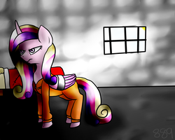 Size: 2500x2000 | Tagged: safe, artist:cooolgirl889, princess cadance, g4, angry, bound wings, clothes, female, high res, prison, prison outfit, prisoner, solo, sun, sunlight