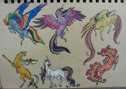 Size: 737x523 | Tagged: safe, artist:zalay, applejack, fluttershy, pinkie pie, rainbow dash, rarity, twilight sparkle, alicorn, pony, g4, female, mane six, mare, rainbow power, traditional art, twilight sparkle (alicorn)