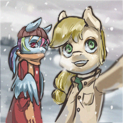 Size: 1800x1800 | Tagged: safe, artist:ilanta, applejack, rainbow dash, anthro, g4, clothes, floppy ears, hat, scarf, selfie, smiling, snow