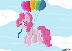 Size: 2480x1748 | Tagged: safe, artist:bigmackintosh, pinkie pie, g4, balloon, female, floating, print, solo, then watch her balloons lift her up to the sky