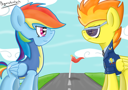 Size: 2480x1748 | Tagged: safe, artist:bigmackintosh, rainbow dash, spitfire, g4, wonderbolts academy, print, sunglasses, wonderbolt trainee uniform, wonderbolts uniform