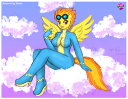 Size: 1200x932 | Tagged: safe, artist:shinn3, spitfire, anthro, g4, big breasts, breasts, busty spitfire, cloud, cloudy, female, sitting, solo, wide hips, wonderbolts uniform