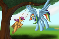 Size: 1233x814 | Tagged: safe, artist:diction, rainbow dash, scootaloo, g4, best sisters, cute, flying, scootalove, swing