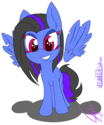 Size: 749x903 | Tagged: safe, artist:magical disaster, oc, oc only, oc:hideki, bedroom eyes, cute, eyelashes, female, floating wings, grin, looking at you, moonpegasus, rule 63, smiling, solo