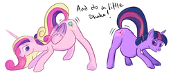 Size: 1828x793 | Tagged: safe, artist:patch, artist:twizzle, princess cadance, twilight sparkle, g4, belly, butt shake, color, colored, face down ass up, looking back, mama twilight, open mouth, pregnant, raised tail, sisters-in-law, smiling, sunshine sunshine, update