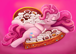 Size: 984x700 | Tagged: safe, artist:gingerfoxy, pinkie pie, g4, box of chocolates, candy, chocolate, female, food, on back, size difference, sleeping, solo