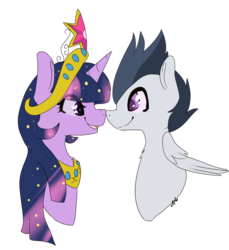 Size: 2491x2719 | Tagged: safe, artist:oddends, rumble, twilight sparkle, alicorn, pony, g4, big crown thingy, boop, crack shipping, element of magic, eye contact, female, fluffy, high res, male, mare, nose wrinkle, noseboop, open mouth, rumblelight, shipping, simple background, smiling, straight, transparent background, twilight sparkle (alicorn)