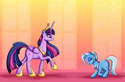 Size: 3000x1964 | Tagged: safe, artist:fimlie, trixie, twilight sparkle, alicorn, pony, unicorn, g4, alternate hairstyle, big crown thingy, bowing, bowtie, duo, female, hoof shoes, jewelry, mare, older, orange background, peytral, regalia, simple background, twilight sparkle (alicorn), ultimate twilight