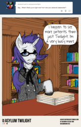 Size: 767x1195 | Tagged: safe, artist:dreamingnoctis, rarity, ask asylum twilight, g4, asylum, book, female, folder, glasses, solo, tumblr, unshorn fetlocks