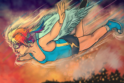 Size: 1200x800 | Tagged: safe, artist:lauren-campbell, rainbow dash, human, g4, clothes, converse, female, flying, goggles, humanized, shoes, shorts, solo, tank top, winged humanization