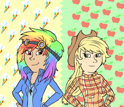 Size: 1395x1200 | Tagged: safe, artist:lauren-campbell, applejack, rainbow dash, human, g4, humanized