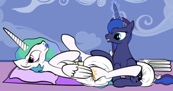 Size: 1200x632 | Tagged: safe, artist:lphooves, princess celestia, princess luna, g4, adult foal, baby powder, changing mat, diaper, diaper fetish, diapered, female, hairclip, mare, non-baby in diaper, pacifier, poofy diaper