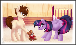 Size: 1800x1056 | Tagged: safe, artist:blackfreya, twilight sparkle, alicorn, pony, spiders and magic: rise of spider-mane, g4, crib, crossover, crossover shipping, female, male, mama twilight, mare, peter parker, ponified, pregnant, spider-man, spiders and magic ii: eleven months, spidertwi, teddy bear, twilight sparkle (alicorn)