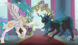Size: 2920x1684 | Tagged: safe, artist:megkingo, princess celestia, queen chrysalis, alicorn, changeling, changeling queen, pony, g4, canterlot, female, fight
