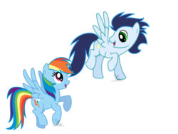 Size: 1032x774 | Tagged: safe, artist:taurelia, rainbow dash, soarin', g4, backwards cutie mark, female, flying, looking back, male, old cutie mark, ship:soarindash, shipping, smiling, straight