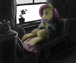 Size: 1280x1072 | Tagged: safe, artist:dozer, fluttershy, butterfly, g4, bottomless, clothes, cute, female, flower, fluffy, hoof hold, mug, partial nudity, sitting, smiling, solo, sweater, sweatershy, watching, window