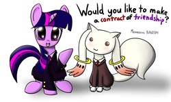 Size: 4159x2471 | Tagged: safe, artist:mushrooshi, twilight sparkle, g4, business suit, businessmare, clothes, colored, contract, formal, incubator (species), kyubey, lawyer, puella magi madoka magica, suit