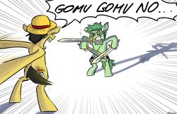 Size: 1000x647 | Tagged: safe, artist:fonora, monkey d. luffy, one piece, ponified, roronoa zoro