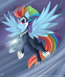 Size: 1690x2000 | Tagged: safe, artist:falleninthedark, rainbow dash, zapp, g4, power ponies (episode), clothes, costume, female, looking at you, power ponies, smiling, smirk, solo, spread wings