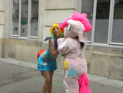 Size: 4000x3000 | Tagged: safe, pinkie pie, rainbow dash, human, g4, cosplay, fursuit, irl, irl human, photo