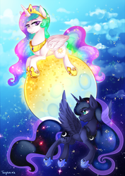 Size: 2480x3507 | Tagged: dead source, safe, artist:twigileia, princess celestia, princess luna, g4, duo, duo female, female, high res, moon, prone, royal sisters, siblings, sisters, smiling, spread wings, sun, tangible heavenly object
