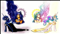 Size: 1960x1120 | Tagged: safe, artist:ladyamaltea, artist:mellifluousadventure, princess celestia, princess luna, human, g4, clothes, dress, human ponidox, humanized, wallpaper