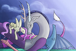 Size: 600x405 | Tagged: safe, artist:cold-creature, discord, fluttershy, draconequus, pegasus, pony, g4, female, male, mare, ship:discoshy, shipping, straight