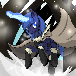 Size: 3000x3000 | Tagged: safe, artist:dazed-and-wandering, princess luna, alicorn, pony, g4, boots, cape, clothes, female, glowing, glowing horn, high res, horn, magic, shoes, snow, snowfall, solo